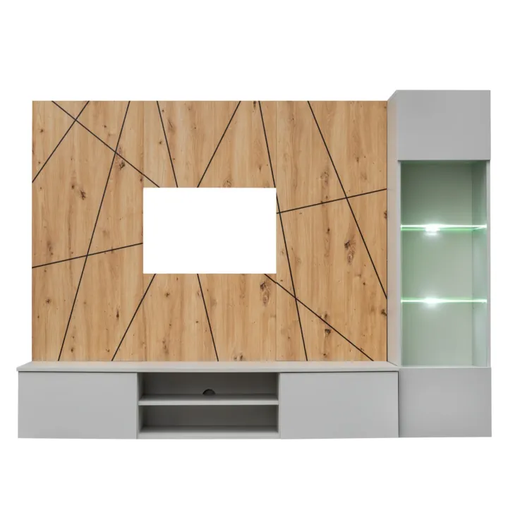 Parete attrezzata sospesa 200x150h cm pannello effetto geometrico grigio perla rovere Luvox