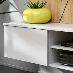Parete attrezzata sospesa 200x150h cm pannello effetto geometrico grigio perla rovere Luvox