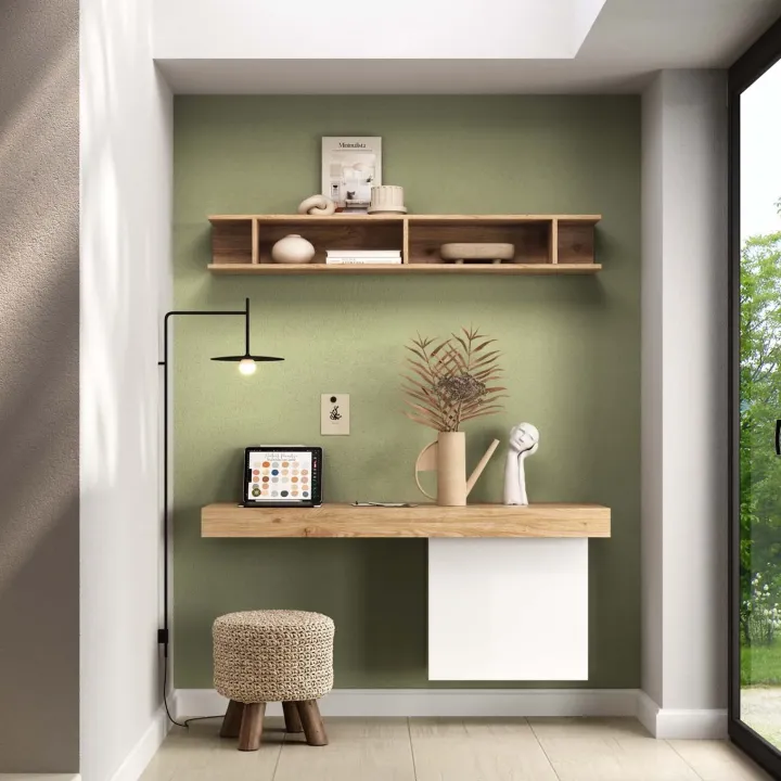 Parete attrezzata sospesa 138x180h cm bianco lucido rovere chiaro Sunset 1048