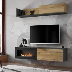 Parete attrezzata sospesa 180x150h cm con caminetto bioetanolo rovere antico antracite Botticelli