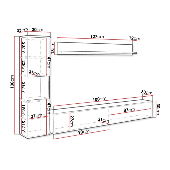 Parete attrezzata sospesa 210x130h cm bianco lucido Lamia