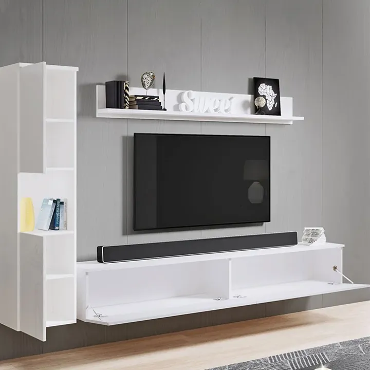 Parete attrezzata sospesa 210x130h cm bianco lucido Lamia