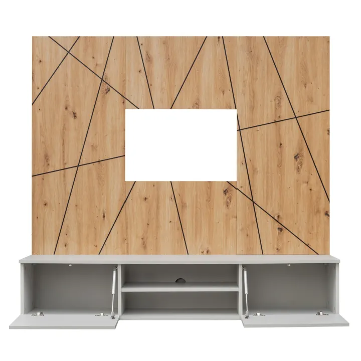 Parete attrezzata sospesa 160x120h cm pannello effetto geometrico grigio perla rovere Luvox