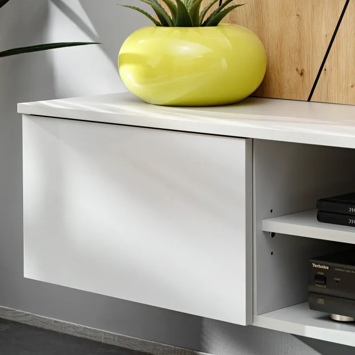 Parete attrezzata sospesa 160x120h cm pannello effetto geometrico grigio perla rovere Luvox