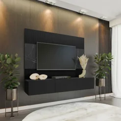 Parete attrezzata sospesa 180x150h cm 3 ante nero cannettato effetto marmo Ilaria