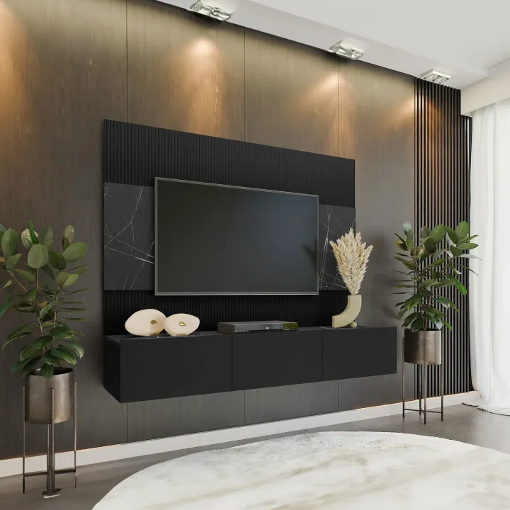 Parete attrezzata sospesa 180x150h cm 3 ante nero cannettato effetto marmo Ilaria