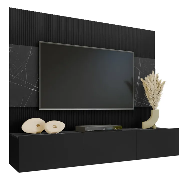 Parete attrezzata sospesa 180x150h cm 3 ante nero cannettato effetto marmo Ilaria