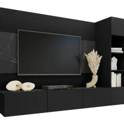 Parete attrezzata sospesa 220x150h cm con colonna nero cannettato effetto marmo Ilaria