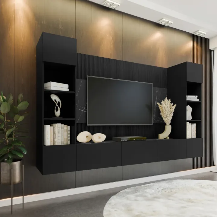 Parete attrezzata sospesa 260x150h cm con colonne nero cannettato effetto marmo Ilaria