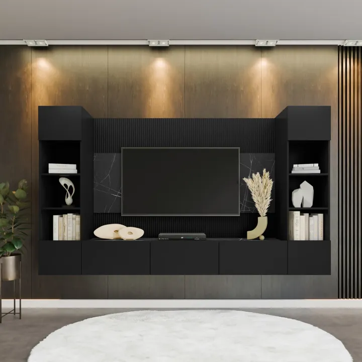 Parete attrezzata sospesa 260x150h cm con colonne nero cannettato effetto marmo Ilaria
