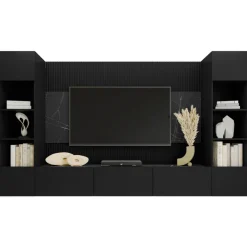 Parete attrezzata sospesa 260x150h cm con colonne nero cannettato effetto marmo Ilaria