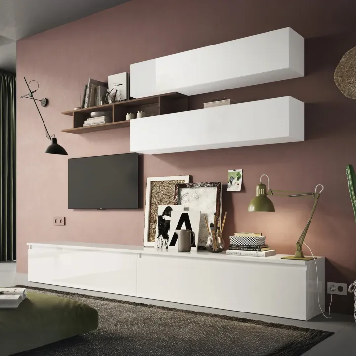 Parete attrezzata 276x190cm bianco lucido rovere scuro Sunset 21
