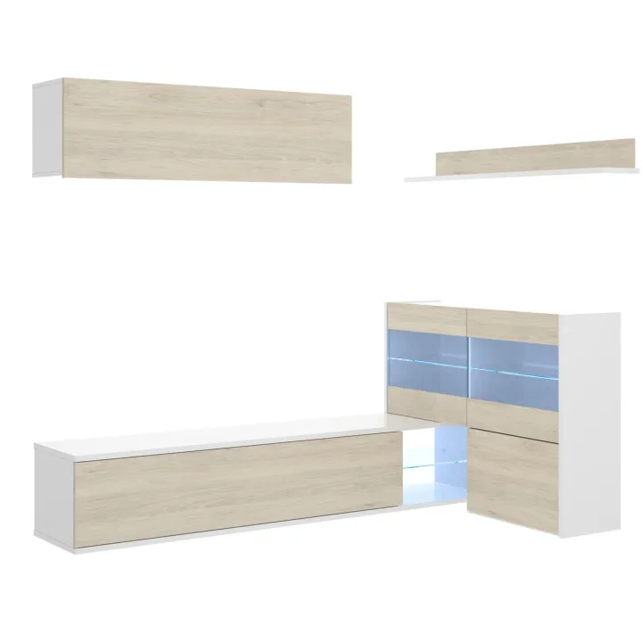 Parete attrezzata 260x183h cm angolare reversibile con led rovere bianco lucido Emily