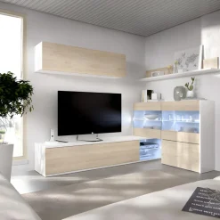 Parete attrezzata 260x183h cm angolare reversibile con led rovere bianco lucido Emily