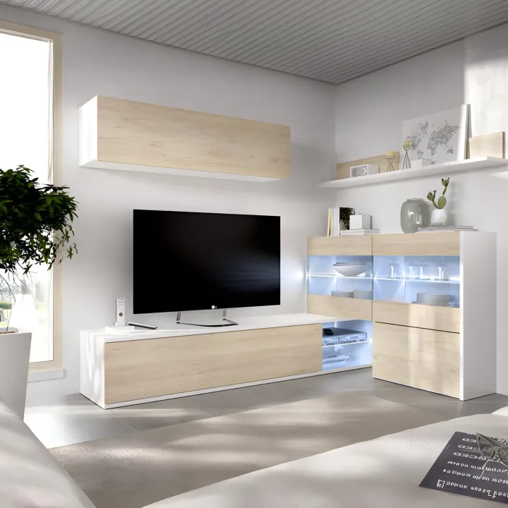 Parete attrezzata 260x183h cm angolare reversibile con led rovere bianco lucido Emily
