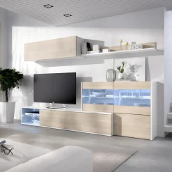 Parete attrezzata 260x183h cm angolare reversibile con led rovere bianco lucido Emily