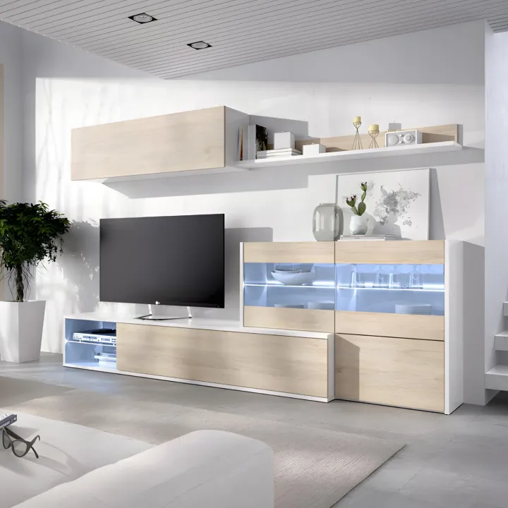 Parete attrezzata 260x183h cm angolare reversibile con led rovere bianco lucido Emily