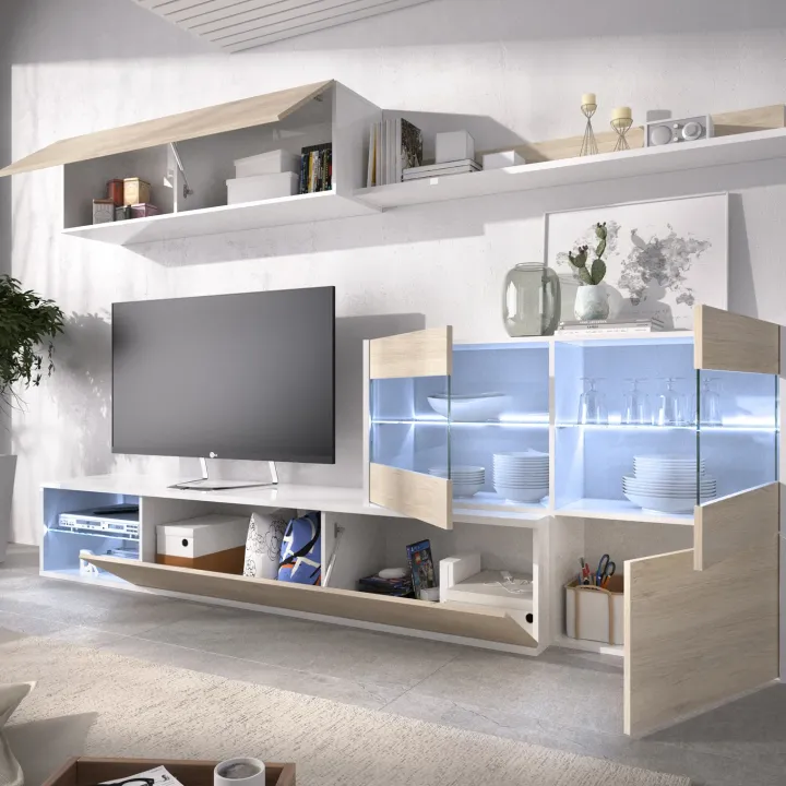 Parete attrezzata 260x183h cm angolare reversibile con led rovere bianco lucido Emily