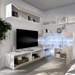 Parete attrezzata 260x183h cm angolare reversibile con led rovere bianco lucido Emily
