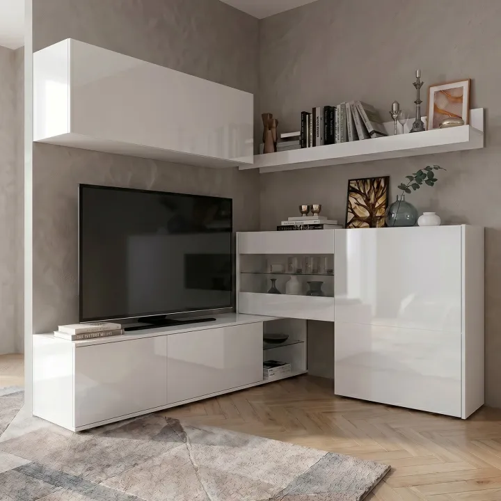 Parete attrezzata 260x167h cm angolare bianco lucido Oslo