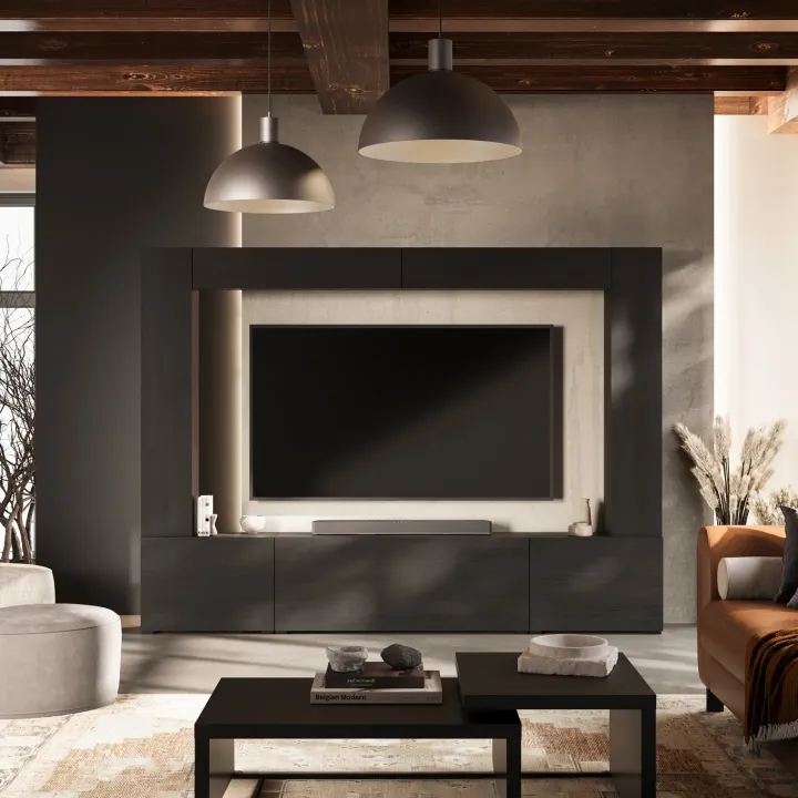 Parete attrezzata 261x194h cm 5 ante a ribalta nero grafite Arkansas