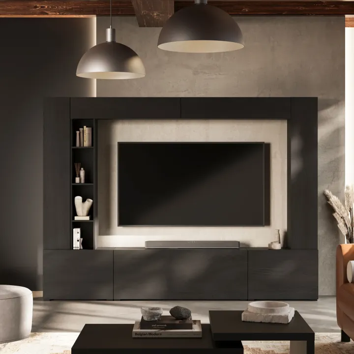 Parete attrezzata 261x194h cm 5 ante a ribalta e libreria 3 ripiani nero grafite Arkansas