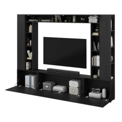 Parete attrezzata 261x194h cm 5 ante a ribalta e 2 librerie a 3 ripiani nero grafite Arkansas