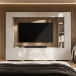 Parete attrezzata 261x194h cm 5 ante a ribalta e libreria 3 ripiani beige cashmere Arkansas