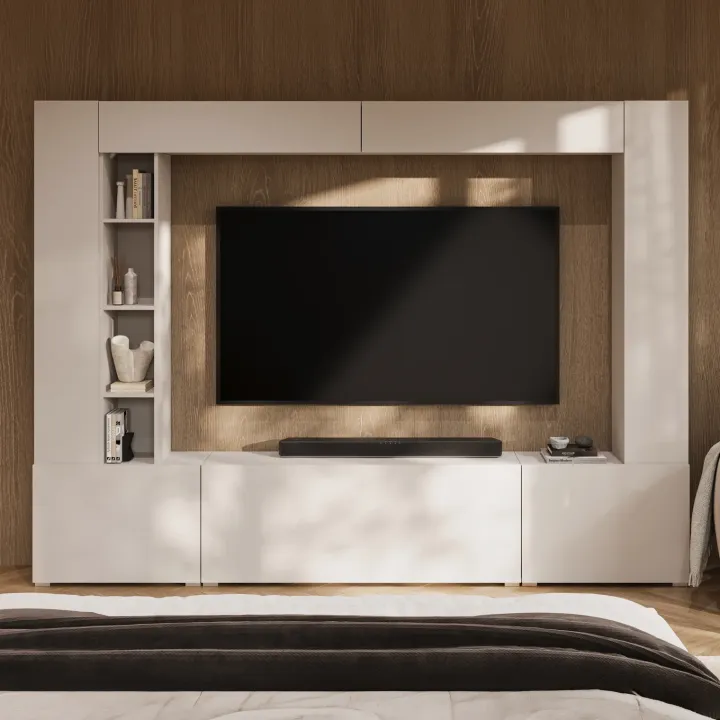Parete attrezzata 261x194h cm 5 ante a ribalta e libreria 3 ripiani beige cashmere Arkansas