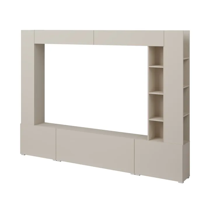 Parete attrezzata 261x194h cm 5 ante a ribalta e libreria 3 ripiani beige cashmere Arkansas
