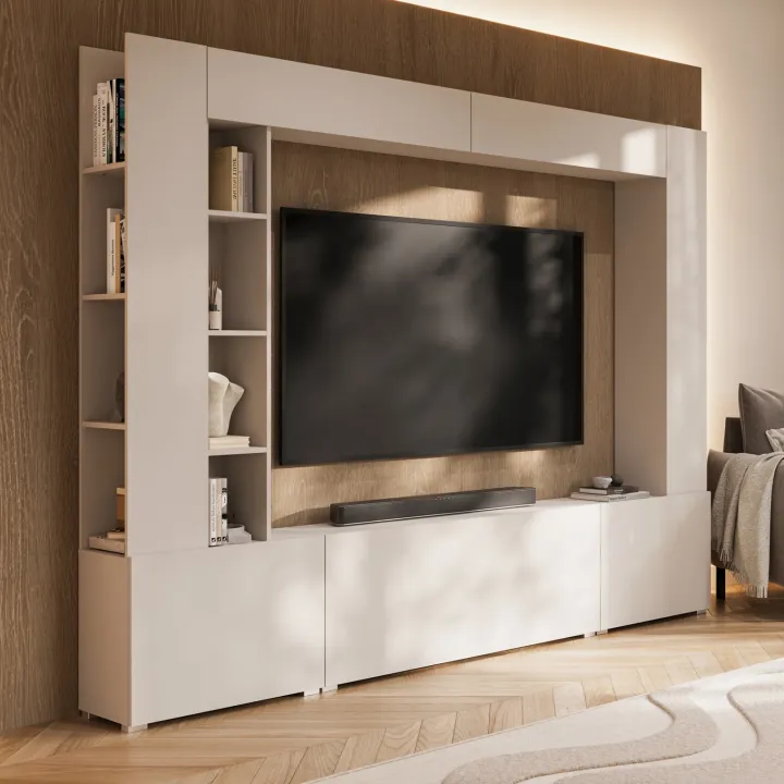 Parete attrezzata 261x194h cm 5 ante a ribalta e libreria 3 ripiani beige cashmere Arkansas