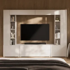 Parete attrezzata 261x194h cm 5 ante a ribalta e 2 librerie a 3 ripiani beige cashmere Arkansas