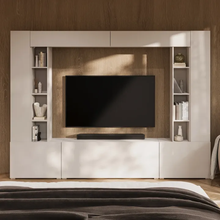 Parete attrezzata 261x194h cm 5 ante a ribalta e 2 librerie a 3 ripiani beige cashmere Arkansas