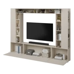 Parete attrezzata 261x194h cm 5 ante a ribalta e 2 librerie a 3 ripiani beige cashmere Arkansas