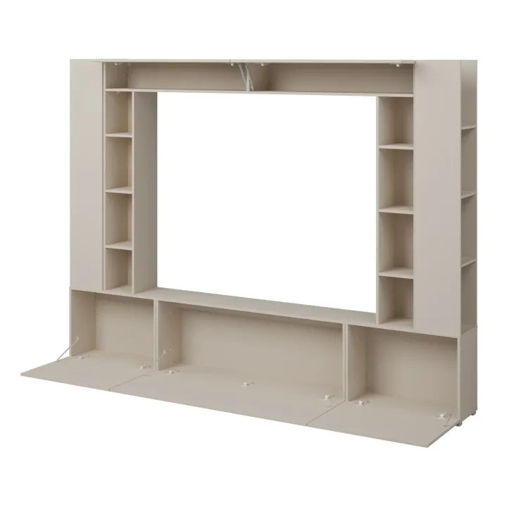 Parete attrezzata 261x194h cm 5 ante a ribalta e 2 librerie a 3 ripiani beige cashmere Arkansas
