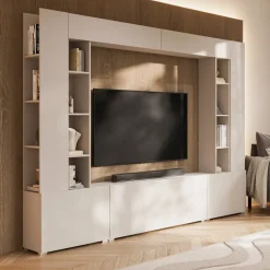Parete attrezzata 261x194h cm 5 ante a ribalta e 2 librerie a 3 ripiani beige cashmere Arkansas