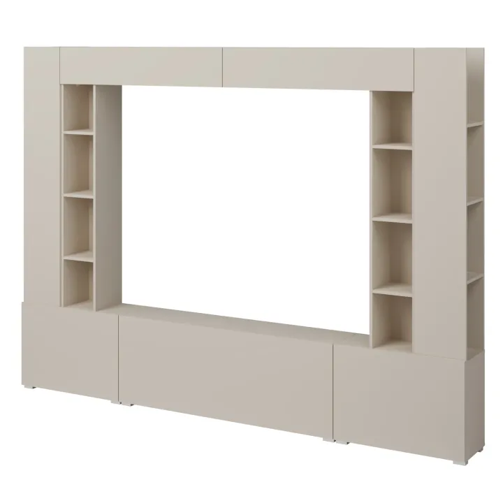 Parete attrezzata 261x194h cm 5 ante a ribalta e 2 librerie a 3 ripiani beige cashmere Arkansas
