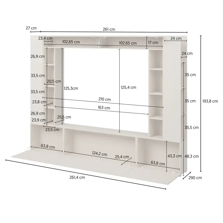 Parete attrezzata 261x194h cm 5 ante a ribalta e 2 librerie a 3 ripiani beige cashmere Arkansas