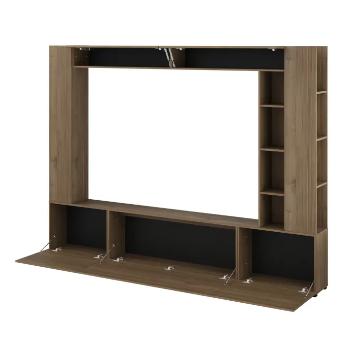 Parete attrezzata 261x194h cm 5 ante a ribalta e libreria 3 ripiani noce Arkansas