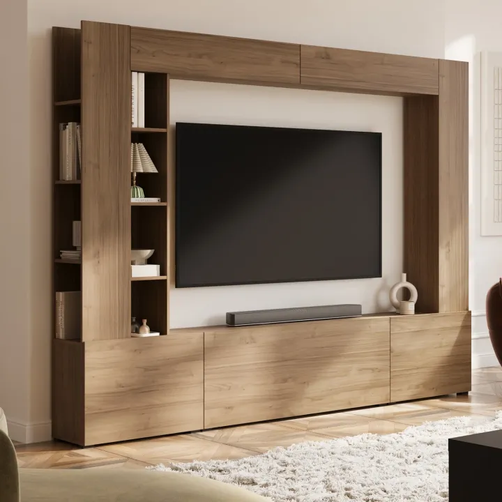 Parete attrezzata 261x194h cm 5 ante a ribalta e libreria 3 ripiani noce Arkansas