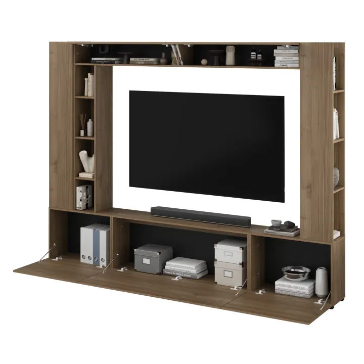 Parete attrezzata 261x194h cm 5 ante a ribalta e libreria 3 ripiani noce Arkansas