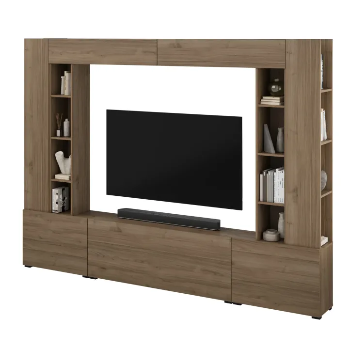 Parete attrezzata 261x194h cm 5 ante a ribalta e 2 librerie a 3 ripiani noce Arkansas