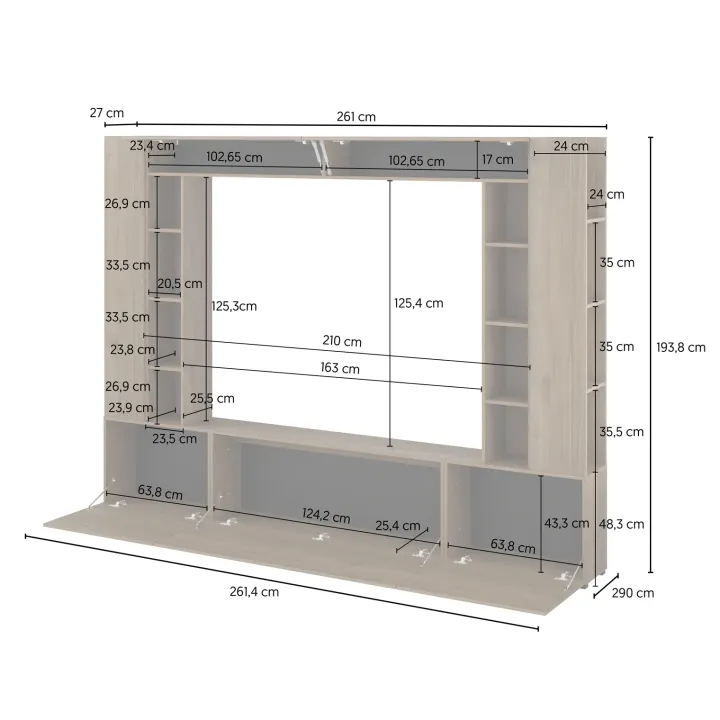 Parete attrezzata 261x194h cm 5 ante a ribalta e 2 librerie a 3 ripiani noce Arkansas