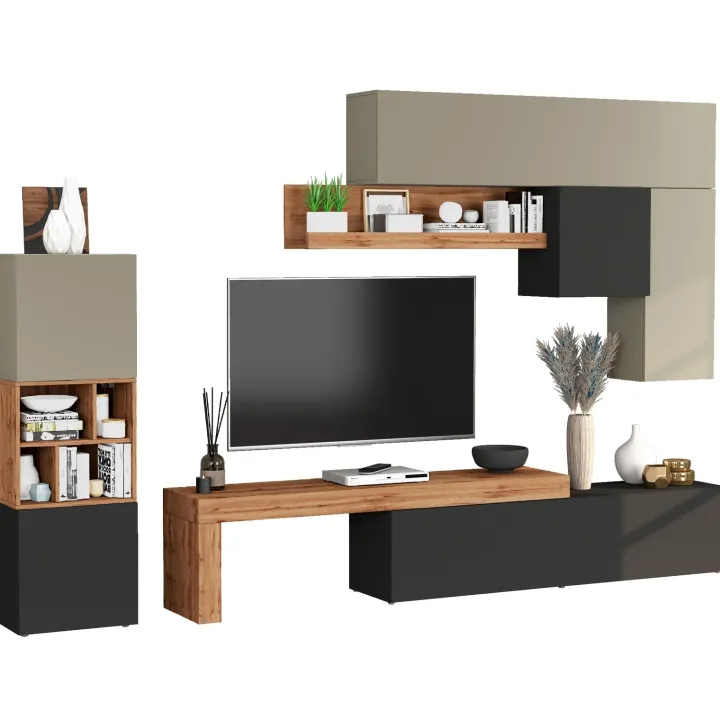 Parete attrezzata 350x200h cm antracite tortora rovere Block 1