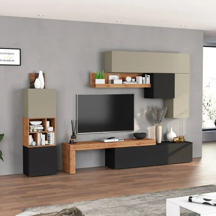 Parete attrezzata 350x200h cm antracite tortora rovere Block 1