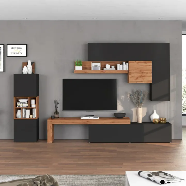 Parete attrezzata 350x200h cm antracite rovere Block 1
