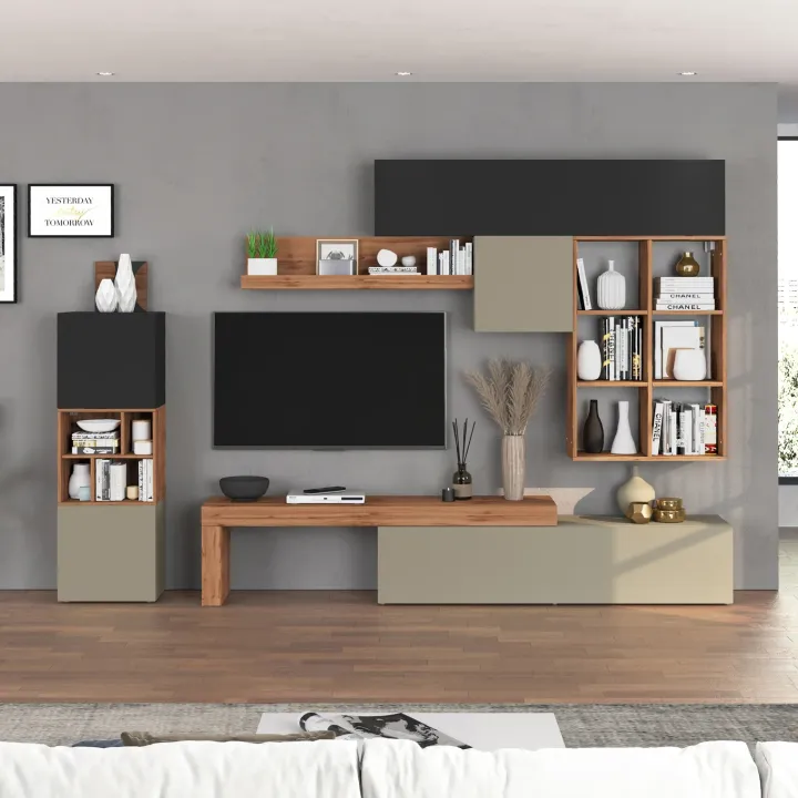Parete attrezzata 350x200h cm antracite tortora rovere Block 3