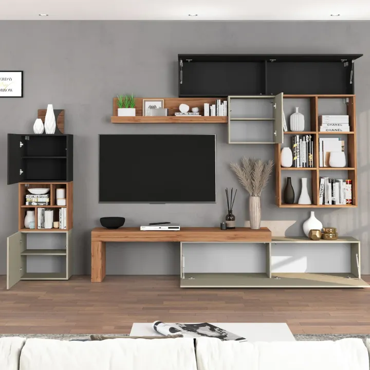 Parete attrezzata 350x200h cm antracite tortora rovere Block 3