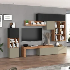 Parete attrezzata 350x200h cm antracite tortora rovere Block 3