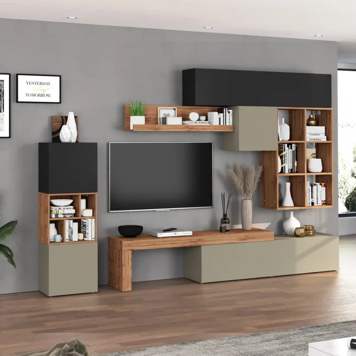 Parete attrezzata 350x200h cm antracite tortora rovere Block 3